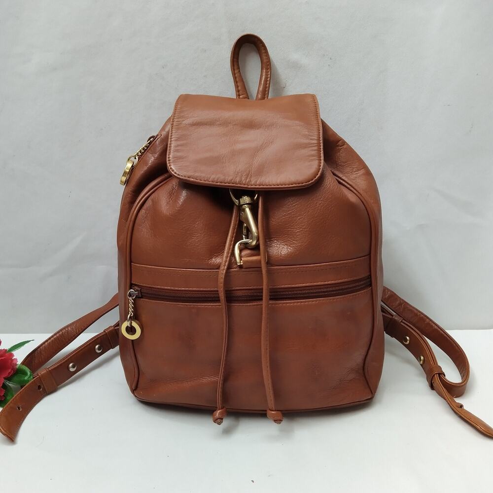 Perlina Brown Leather Zipper Pockets Flap Top Handle Drawstring Backpack